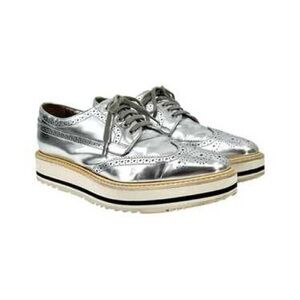 Prada Metallic Silver Leather Platform Brogue Derby Oxfords 23cm Cyberpunk Space